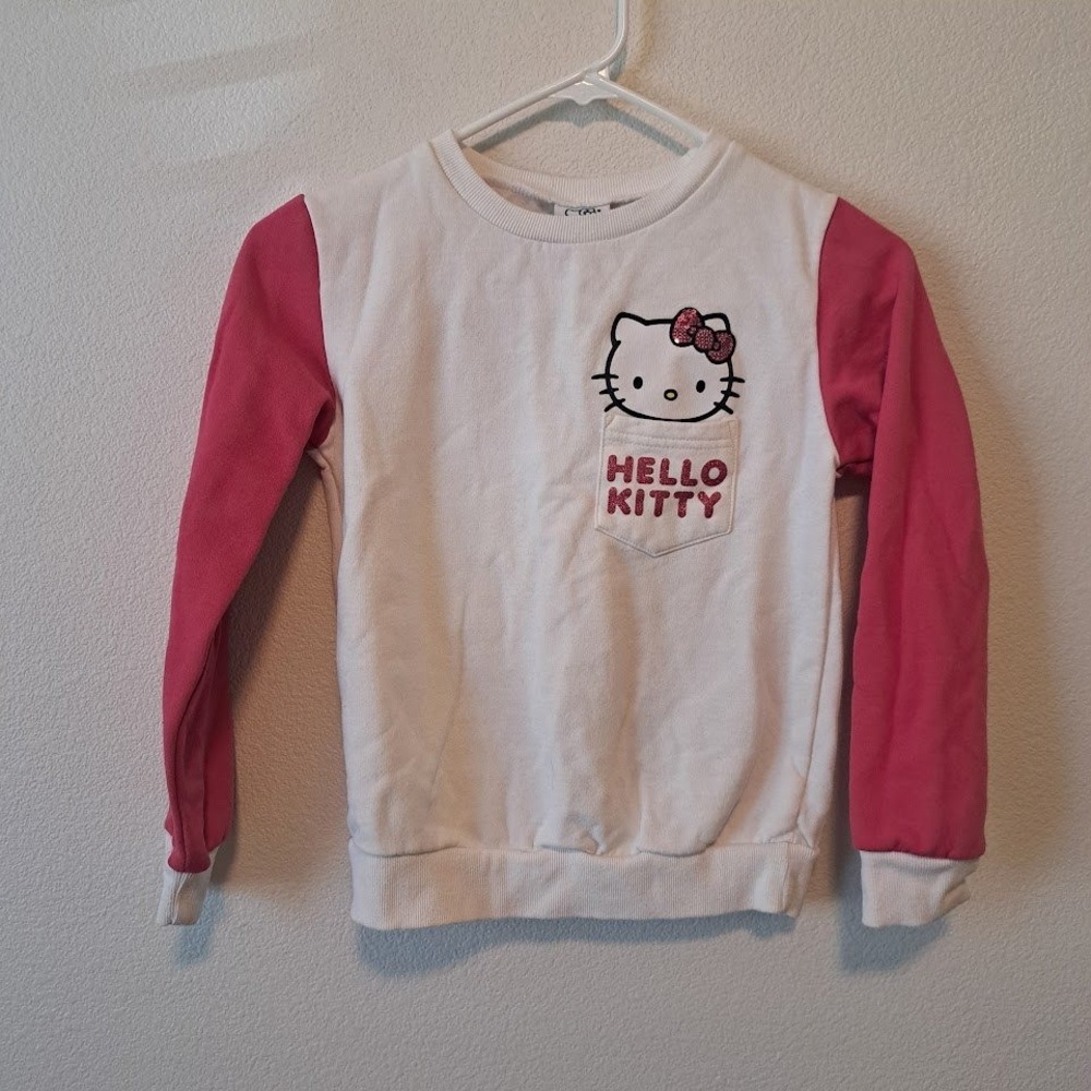 Hello Kitty Girls Sweatshirt White Pink Colorblock Fleece Pullover Size 8/10